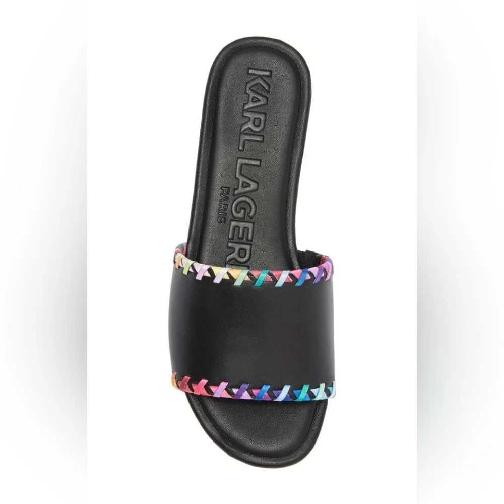 Karl Lagerfeld Paris Women's Black Cenie Whipstitch Slide Sandals Size 10